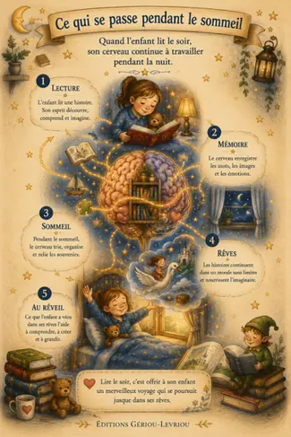 Infographie expliquant comment le cerveau de l'enfant prolonge les histoires grâce à la mémoire, l'imagination, les émotions, la créativité et les rêves.