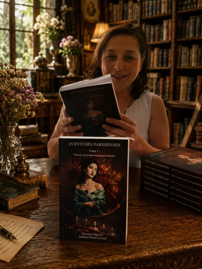 Illustration de Florence Piquet présentant son roman « Tsutsuji, un parfum secret pour Mayumi », premier tome de la série « Aventures parisiennes ».
