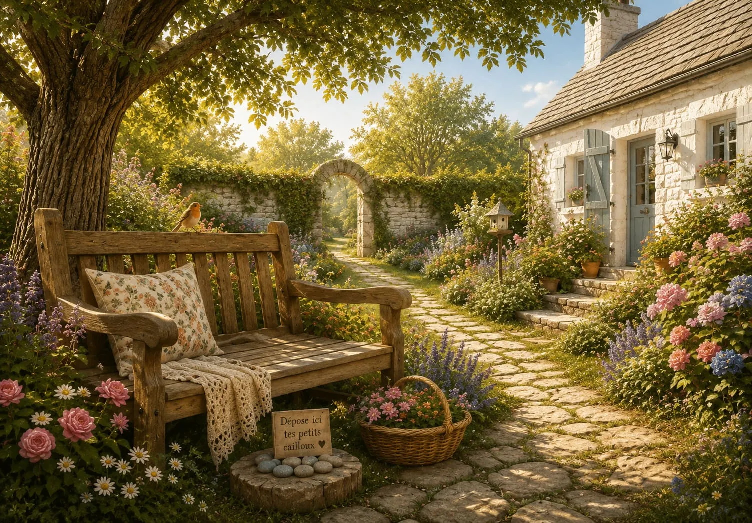 Illustration du jardin des « Petits Cailloux de Mamie Jeanne », une rubrique proposant des histoires pour aider les enfants à surmonter leurs frustrations et leurs émotions du quotidien.