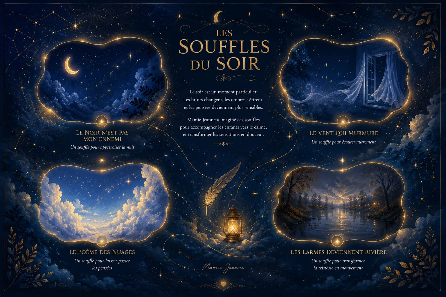 Illustration de la collection "Les Souffles du soir", des histoires apaisantes de Mamie Jeanne pour accompagner les enfants au moment du coucher.