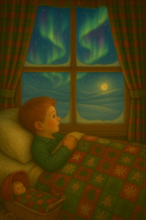 Lucian rêve du Grand Voyage depuis sa chambre dans la maison du Père Noël, sous les aurores boréales du Pays de Noël.