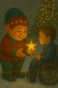Lucian le lutin offre une étoile lumineuse à un enfant en fauteuil roulant, symbole d'espérance, d'amitié et de confiance en soi.