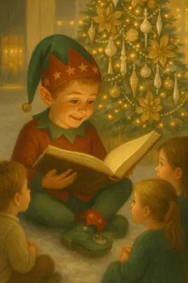 Lucian, jeune lutin de Noël, raconte une histoire à des enfants du grand magasin pour partager la magie de la lecture et des contes de Noël.