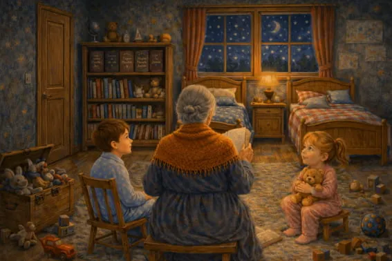 Mamie Jeanne raconte des histoires du soir dans la chambre des enfants