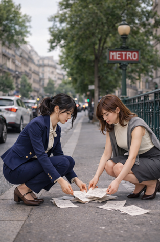 Floriane Le Marellec et Mayumi ramassent des feuilles tombées après s'être heurtées dans une rue de Paris, au début de leur aventure dans le roman Tsutsuji, un parfum secret pour Mayumi.