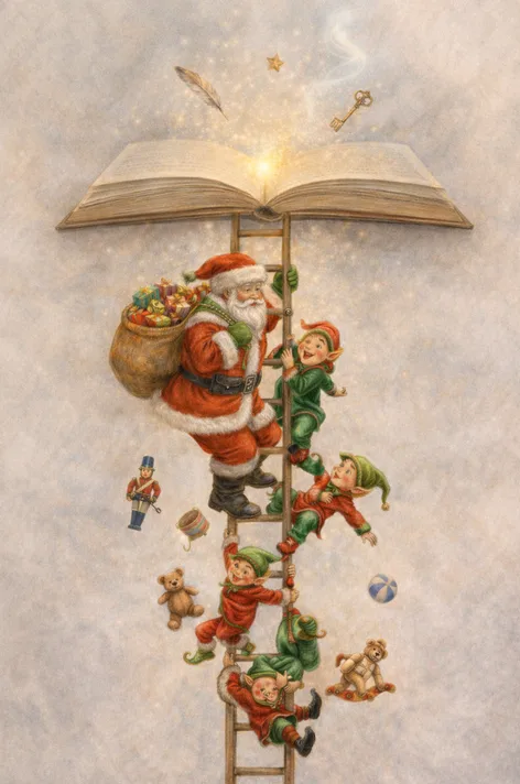 Le Père Noël et ses lutins grimpent vers un livre ouvert, symbole de l'imaginaire, de la lecture et de la magie des contes de Noël pour les enfants.