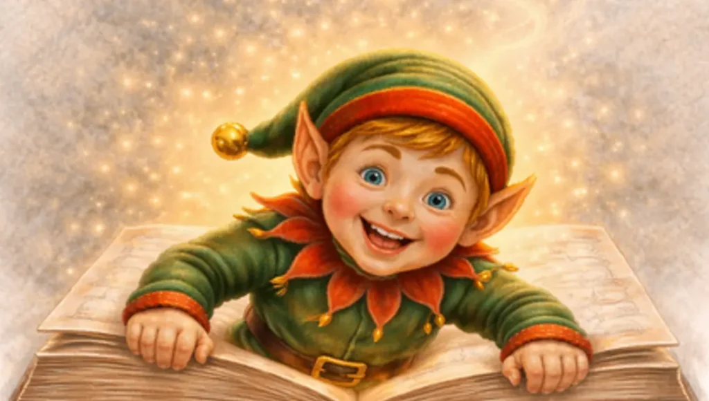 Télio, jeune lutin de Noël, surgit d'un livre de contes pour illustrer la magie des histoires de Noël racontées aux enfants.