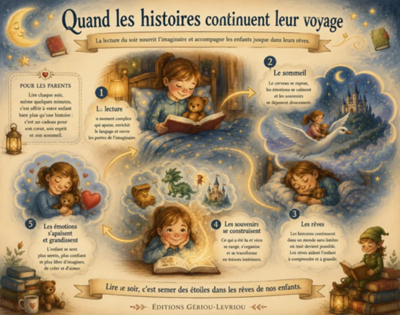 Infographie expliquant les bienfaits de la lecture du soir sur le sommeil, les rêves, les émotions, la mémoire et l'imaginaire des enfants.