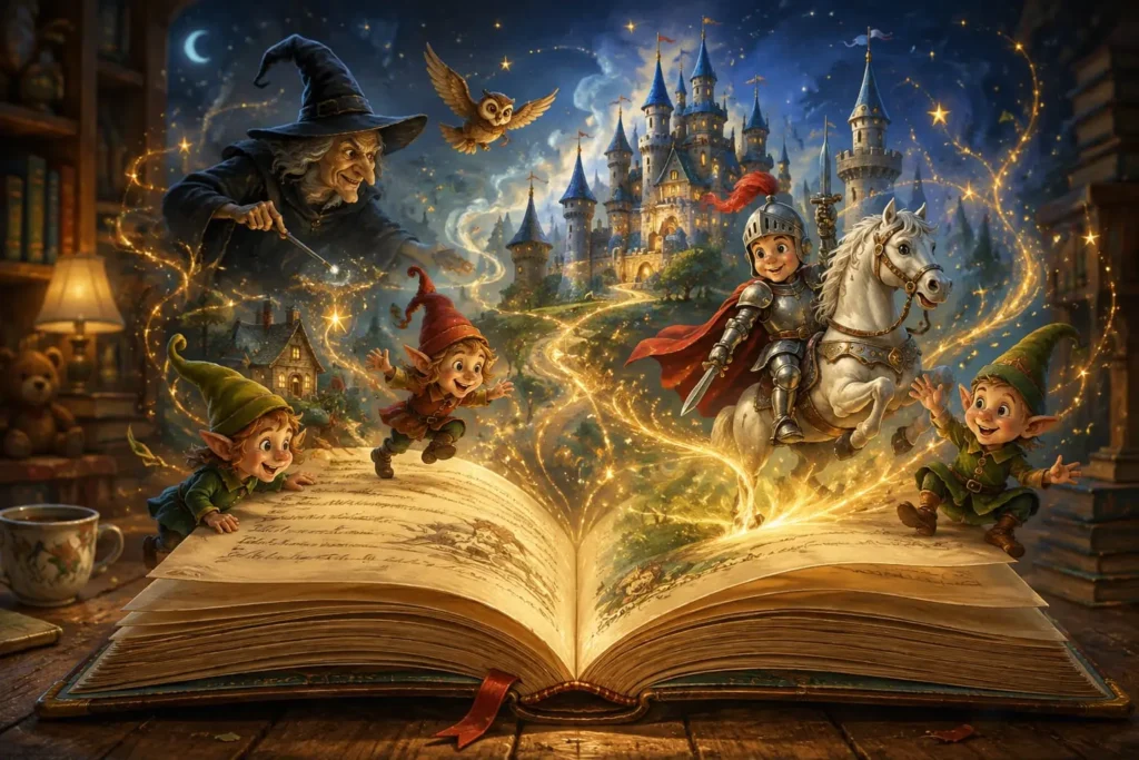 Livre de contes ouvert d’où surgissent lutins, sorcière, chevalier et château merveilleux