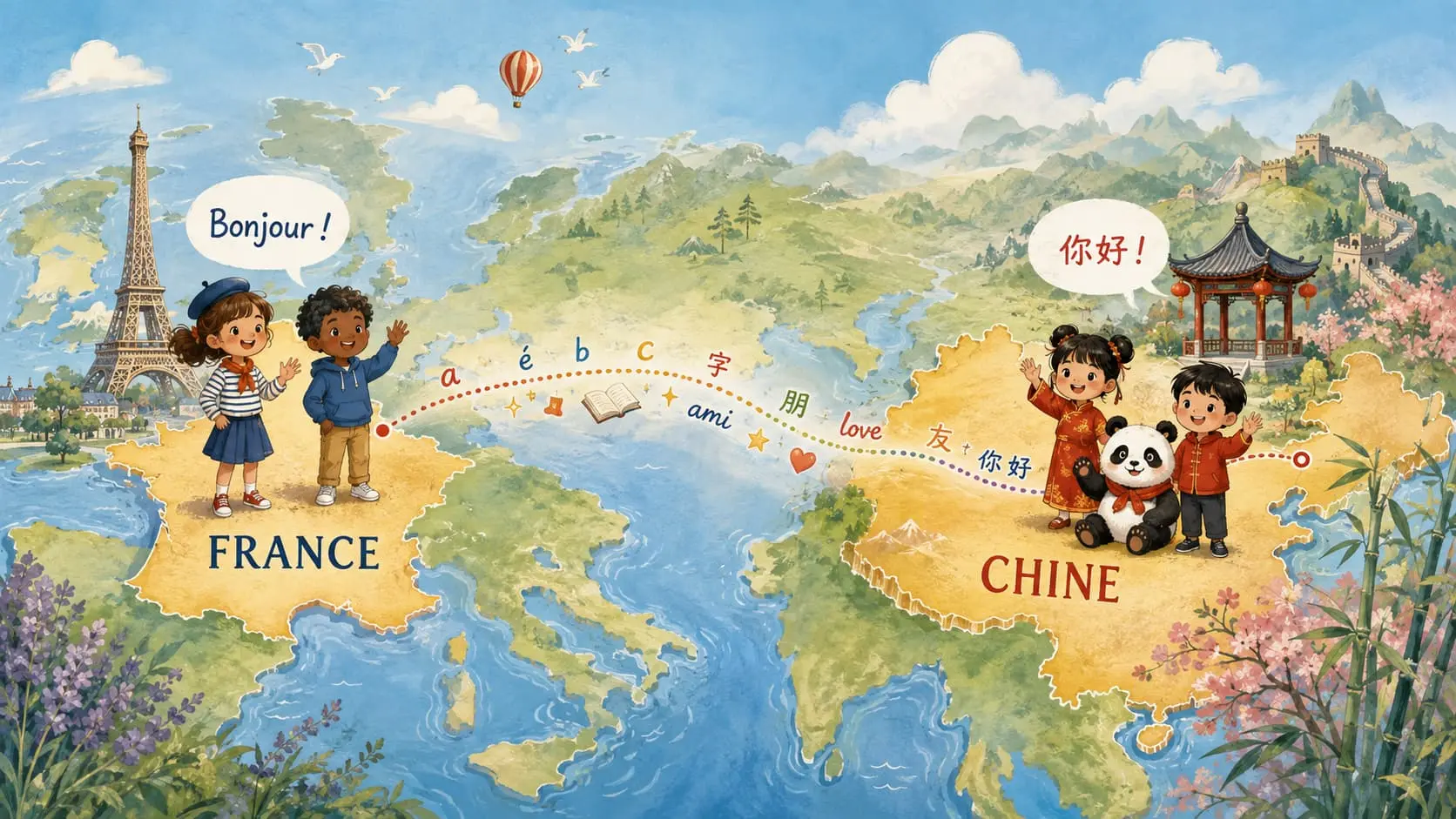 Carte reliant la France et la Chine. Une fenêtre sur deux cultures avec leurs légendes et leurs traditions.