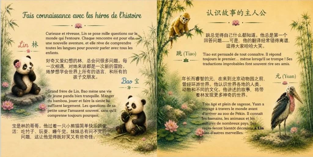 Présentation bilingue de Lin, Bao, Tiao et Yuan, personnages de La panda polyglotte.