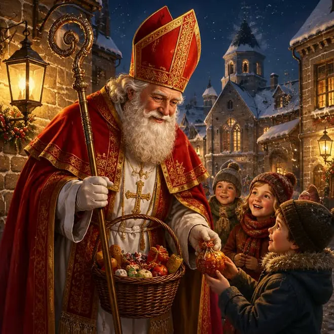 Saint-Nicolas distribuant des surprises aux enfants