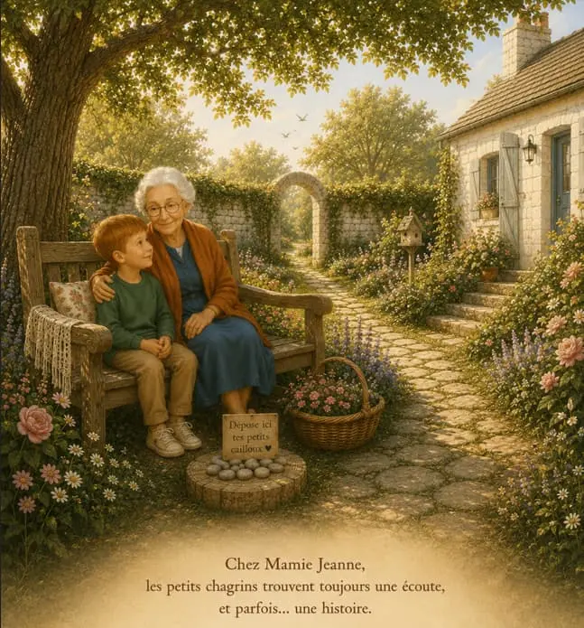 Mamie Jeanne raconte une histoire aux enfants dans le jardin