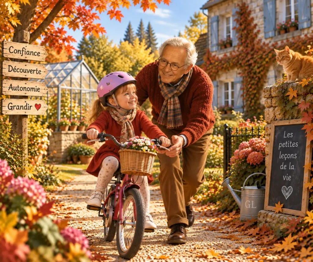 Papi Jules apprend à Caroline à faire du vélo sous le regard de Caramel
