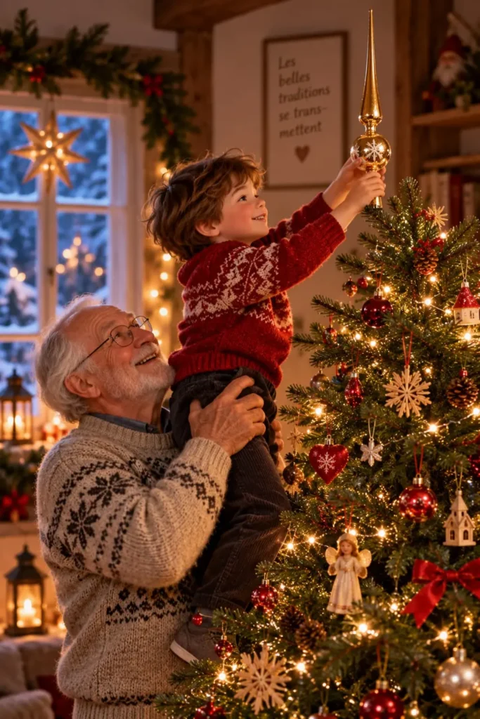 Pose de la flèche au somme de l'arbre de Noël