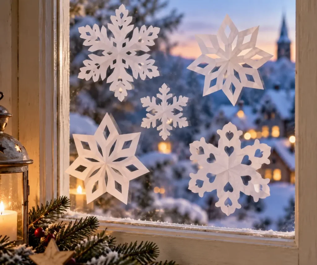 Quelques feuilles, une paire de ciseaux, de la colle et du fil pour faire naître des flocons de neige