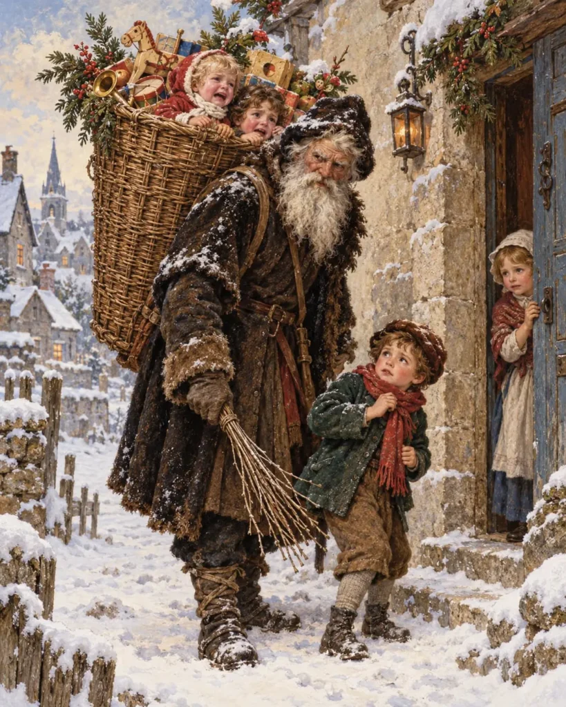 Père Janvier ou Père Fouettard ? Une interprétation inspirée des anciennes images populaires d’hiver.